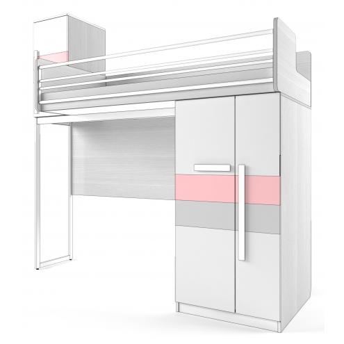 Кровать-чердак малая со шкафом внизу со сплошным ограждением Твист Олли L/R (розовая)